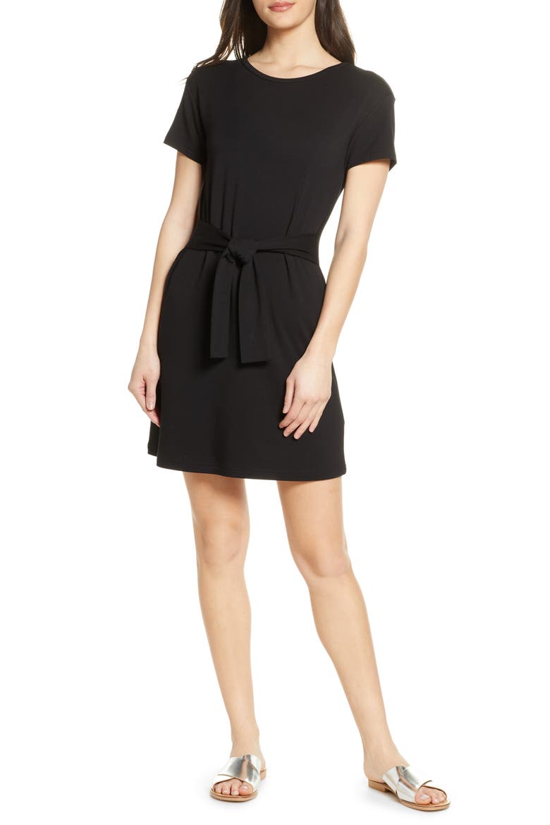 Tie Front T-Shirt Dress, Main, color, BLACK
