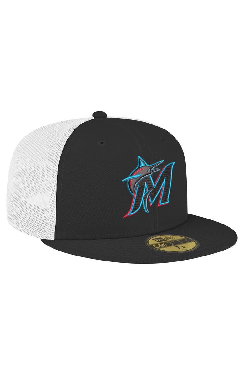 New Era Men's New Era Black Miami Marlins Team Color 59FIFTY Trucker Fitted Hat, Alternate, color, 