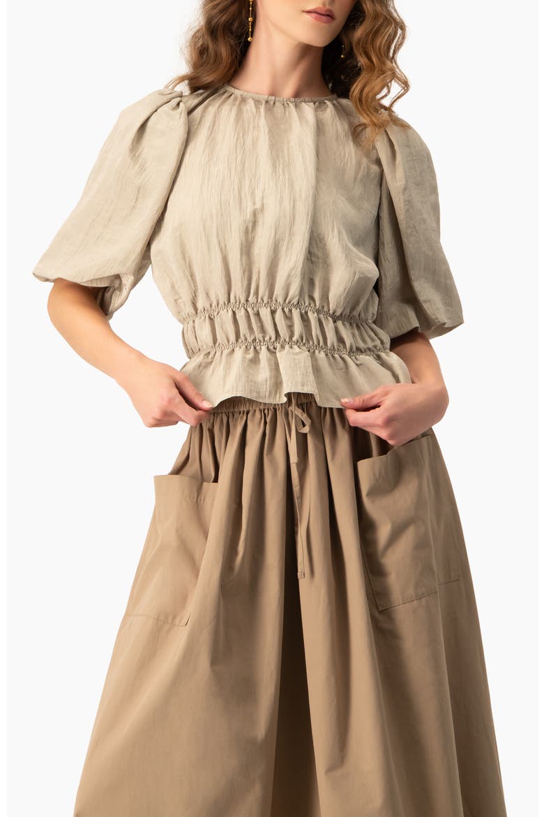 Puff Sleeve Peplum, Cinched Waist Crinkle Blouse, Main, color, Sand