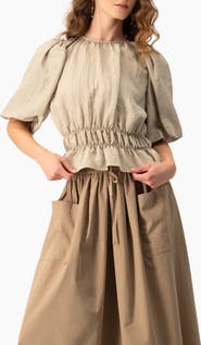 IVONNE Puff Sleeve Peplum, Cinched Waist Crinkle Blouse
