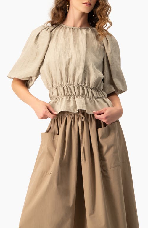 Ivonne Puff Sleeve Peplum, Cinched Waist Crinkle Blouse In Sand