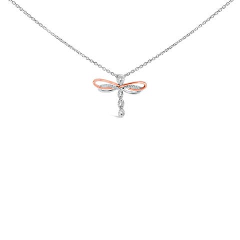 14K Rose Gold Plated Sterling Silver 1/10 Cttw Diamond Dragonfly Pendant Necklace