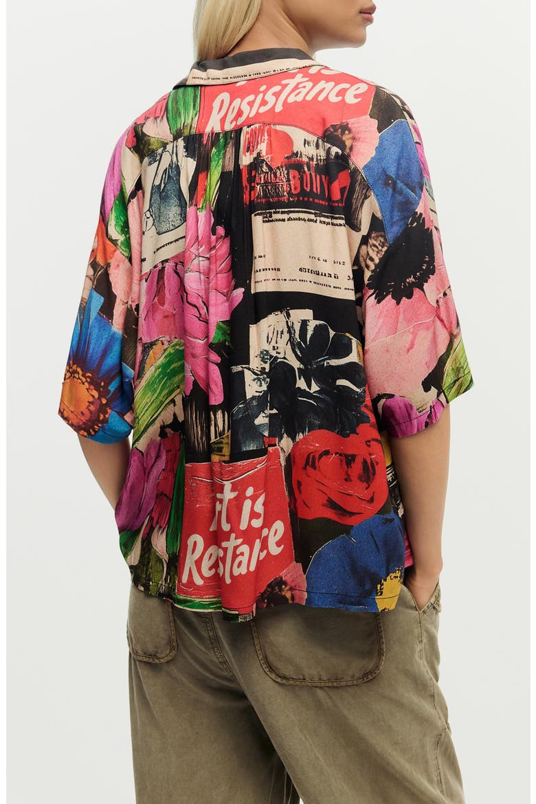 Collage Print Woven Button-Up Shirt, Alternate, color, PINK