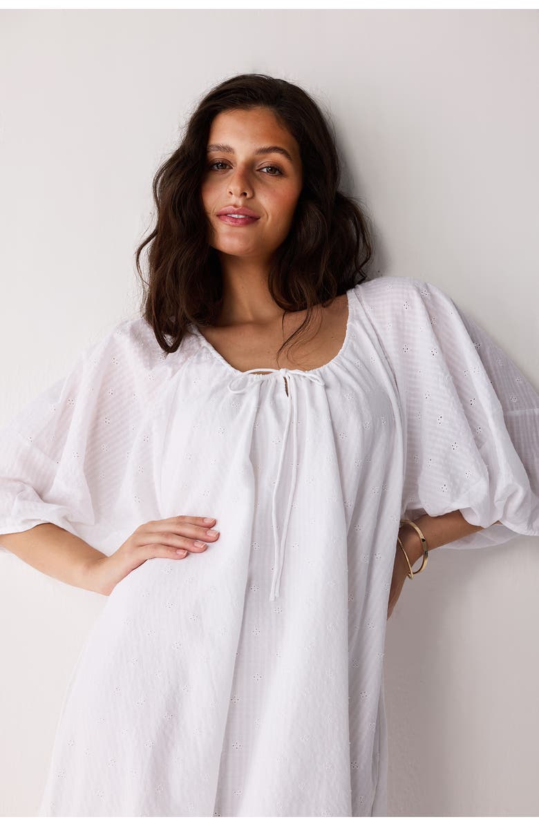 Reistor Puff Sleeved Dress with Drawstring Neckline, Alternate, color, White