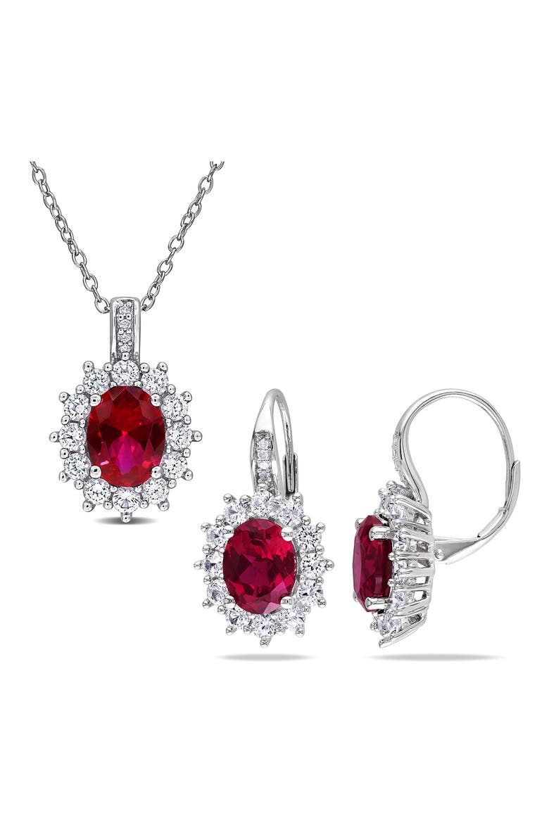 Lab Grown Ruby & Diamond Earrings & Necklace Set, Main, color, RED