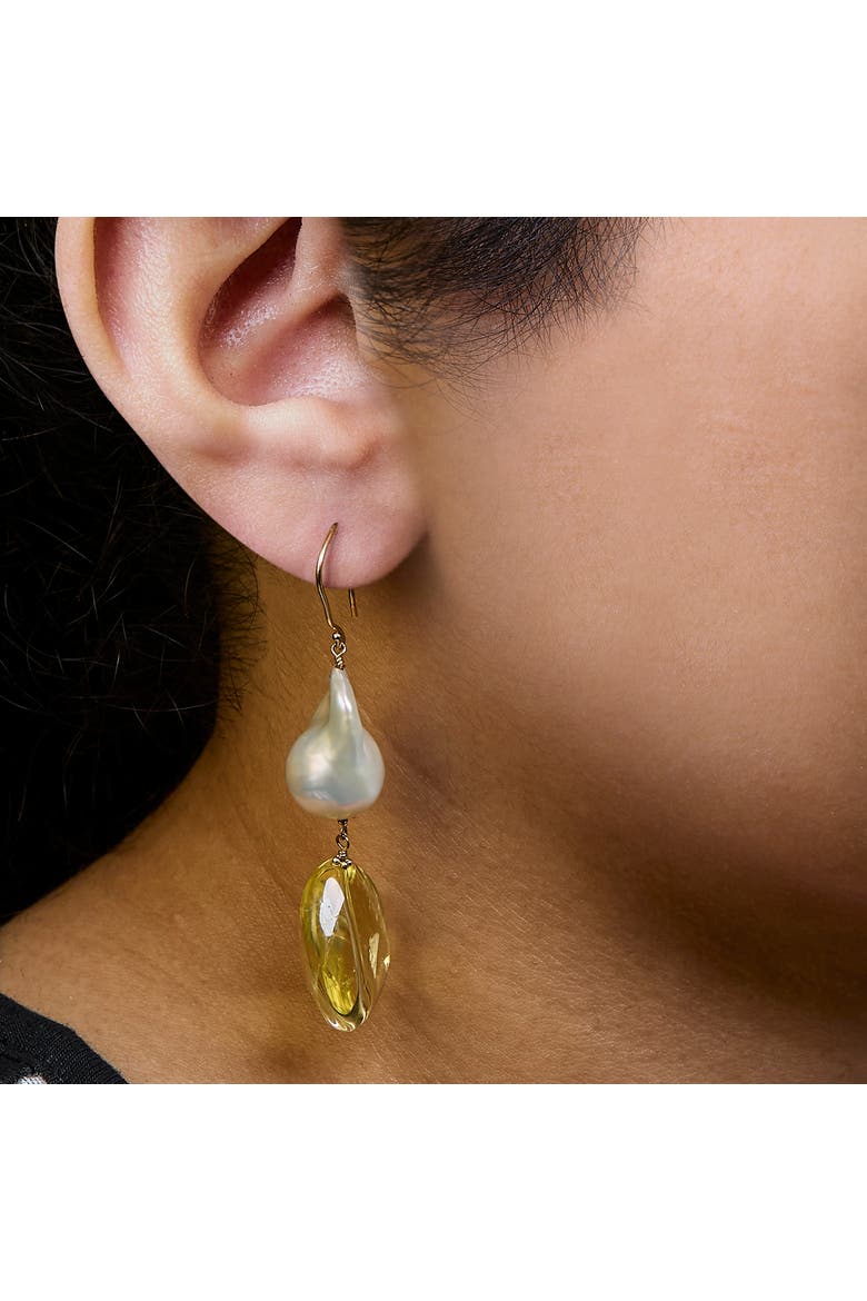 14K Yellow Gold Citrine and Baroque Pearl Drop and Dangle Earrings, Alternate, color, Yellow