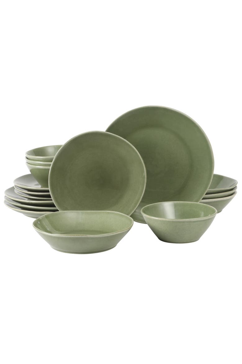Montecito Breeze 16 Piece Double Plates and Bowls Stoneware Reactive Glaze Dinnerware Set, Main, color, Cyprus Green