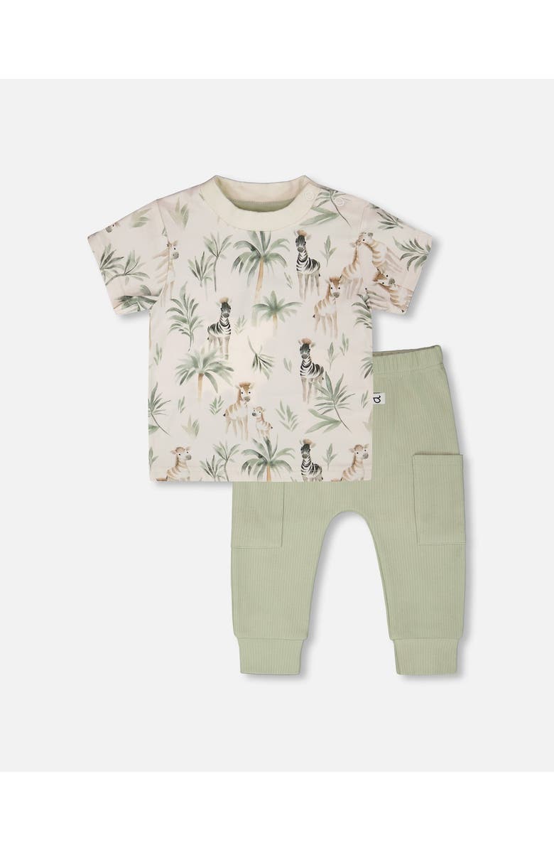 Deux par Deux Organic Cotton Jersey T-Shirt and Cotton Rib Zebra Print Pants Set, Main, color, Beige Zebra Print & Sage Green