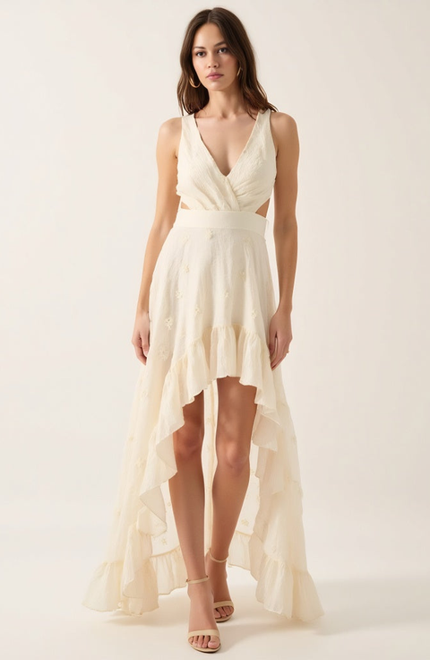 High-Low Ruffle Hem Dress with Cutout Waist and Wrap Bodice