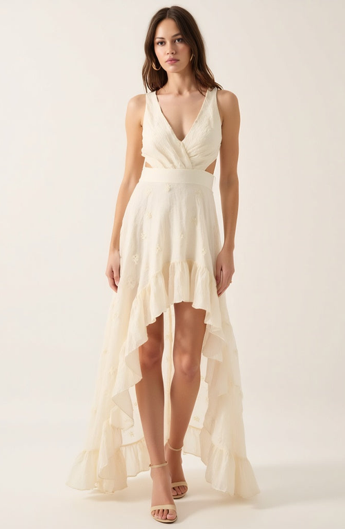 Modenaire High-low Ruffle Hem Dress With Cutout Waist And Wrap Bodice