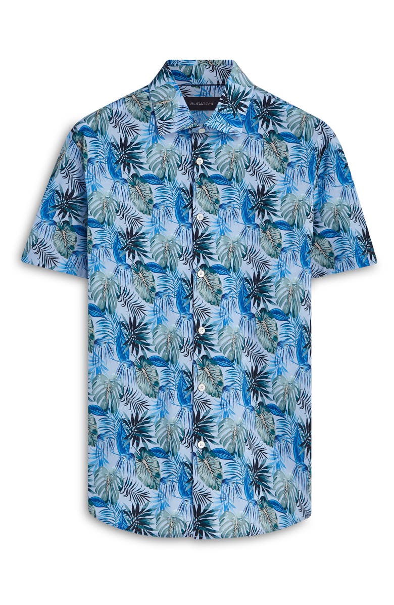 Bugatchi Shaped Fit Print Stretch Cotton Short Sleeve Button-Up Shirt, Alternate, color, Sky