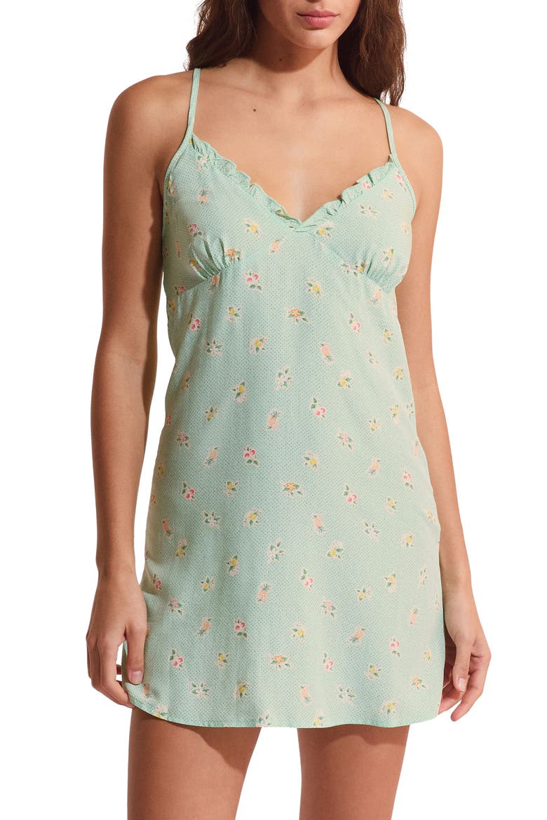 Baya Floral Ruffle Trim Nightgown, Main, color, NILE GREEN