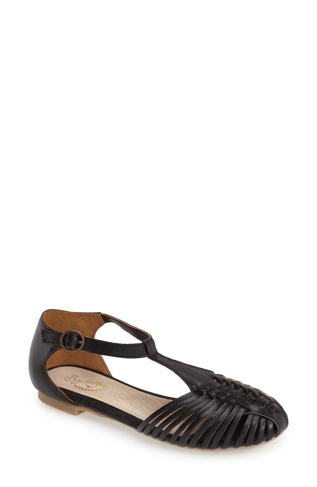 'Into Thin Air' Leather Huarache Flat Sandal, Main, color, BLACK