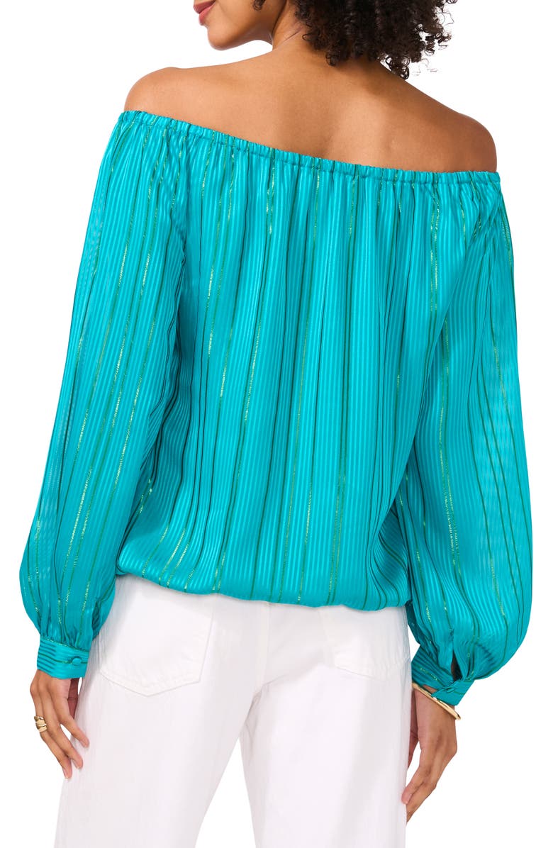 Vince Camuto Stripe Off the Shoulder Tie Hem Top, Alternate, color, Cool Lapis