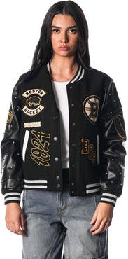 THE WILD COLLECTIVE Women's The Wild Collective Black Boston Bruins Full-Snap Varsity Jacket