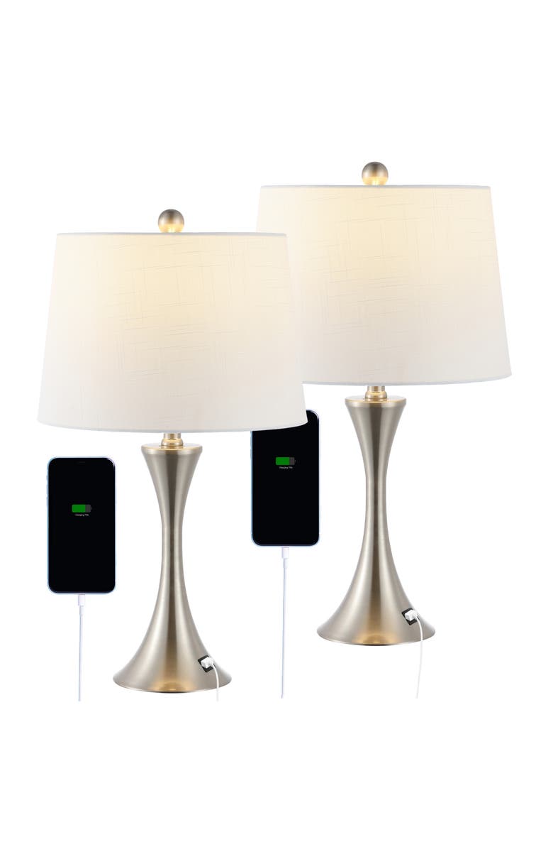 JONATHAN Y Bennett Modern Glam Iron Hourglass LED Table Lamp with USB Charging Port, Alternate, color, Nickel