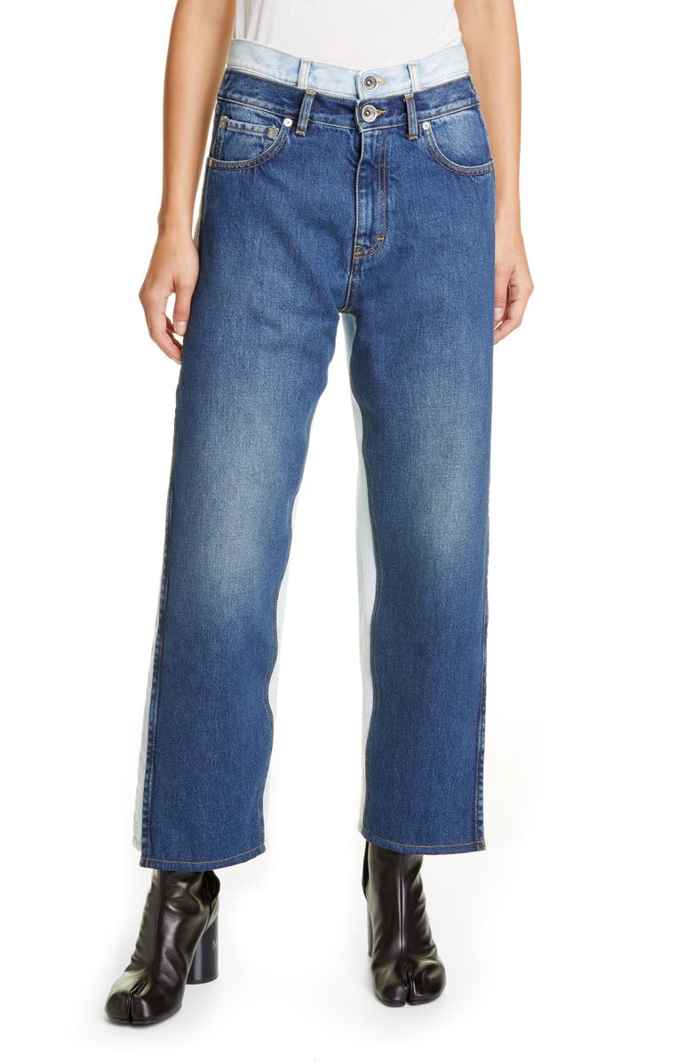 Maison Margiela Trompe l'Oeil Layered Waist Wide Leg Crop Jeans, Main, color,