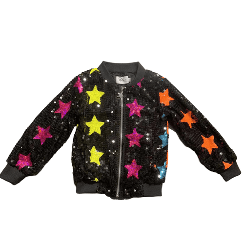 Lola + The Boys Rainbow Star Sequin Bomber in Black 