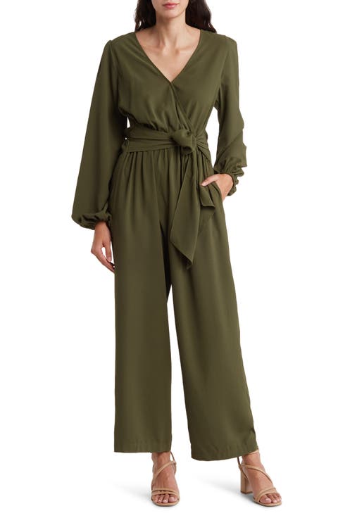 Long Sleeve Faux Wrap Jumpsuit