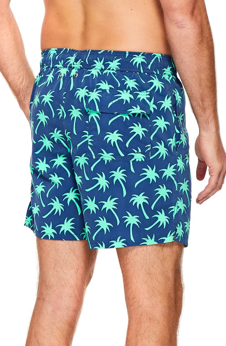 Tom & Teddy Palm Tree Print Swim Trunks, Alternate, color, Navy/ Spring Green