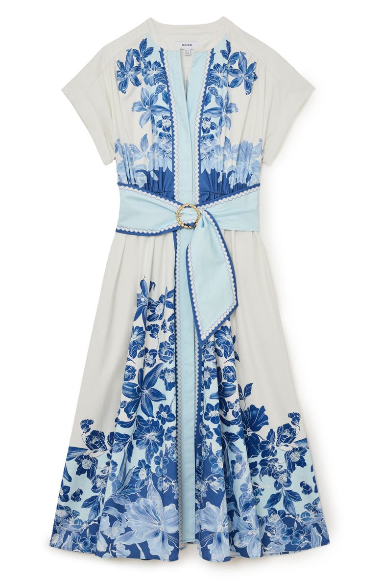 Reiss Sawyer Belted Midi Dress, Alternate, color, Blue/ Ivory