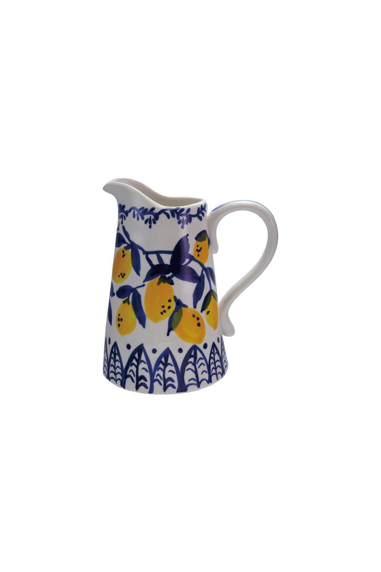 1.5-Quart Hand-Painted Stoneware Pitcher with Lemons, White, Blue and Yellow, Main, color, Blue
