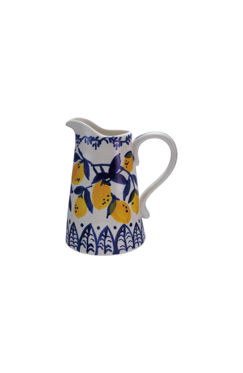Storied Home 1.5-Quart Hand-Painted Stoneware Pitcher with Lemons, White, Blue and Yellow, Main, color, Blue