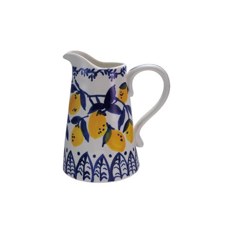 1.5-Quart Hand-Painted Stoneware Pitcher with Lemons, White, Blue and Yellow