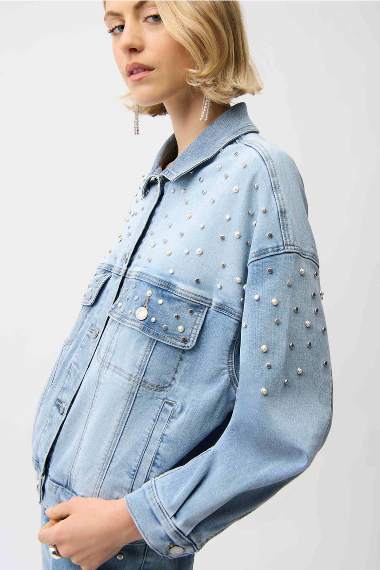 Denim Oversized Jacket With Pearls and Studs, Alternate, color, Light Blue Denim