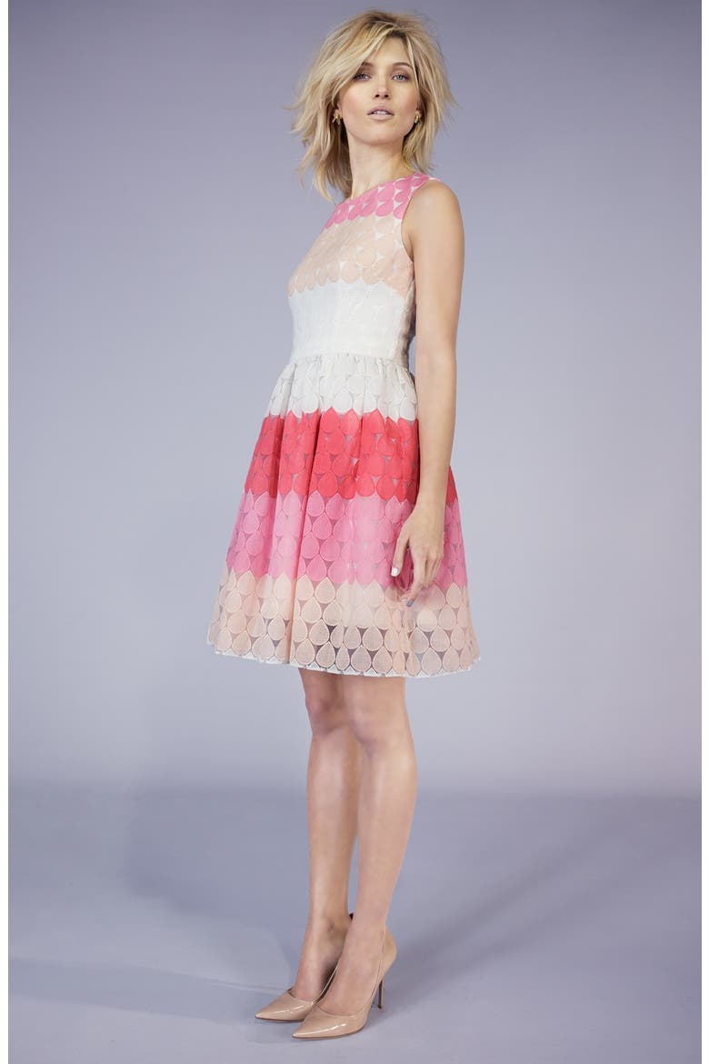 Stripe Embroidered Fit & Flare Dress, Alternate, color, PINK MULTI
