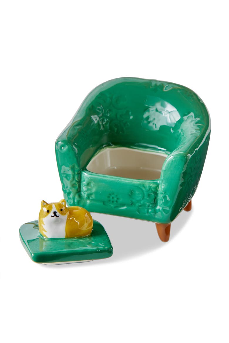 Orange Cat Chair Lidded Trinket Box Multi Earthenware Everyday, Alternate, color, Green
