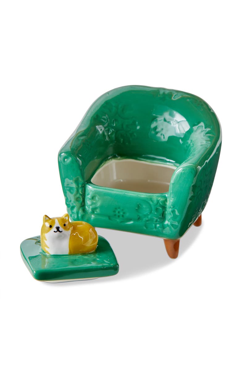 tag Orange Cat Chair Lidded Trinket Box Multi Earthenware Everyday, Alternate, color, Green