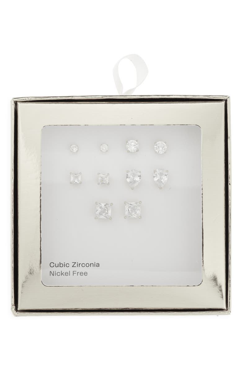 NORDSTROM RACK Set of 5 Cubic Zirconia Stud Earrings, Main, color, Clear- Silver