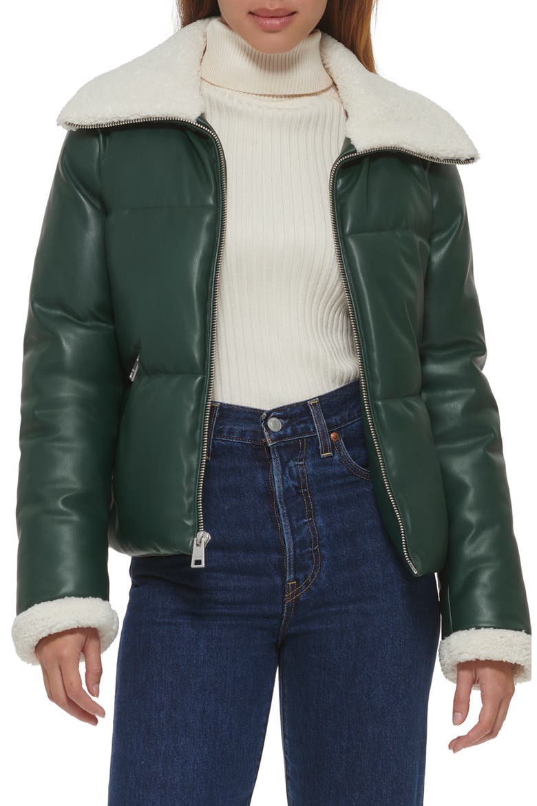 Faux Leather Quilted Puffer Jacket, Main, color, PINE