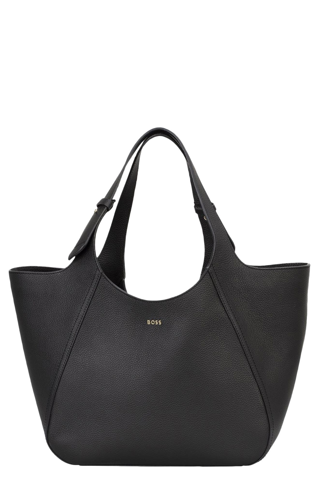 HUGO Big Lenah Leather Tote, Main, color, Black