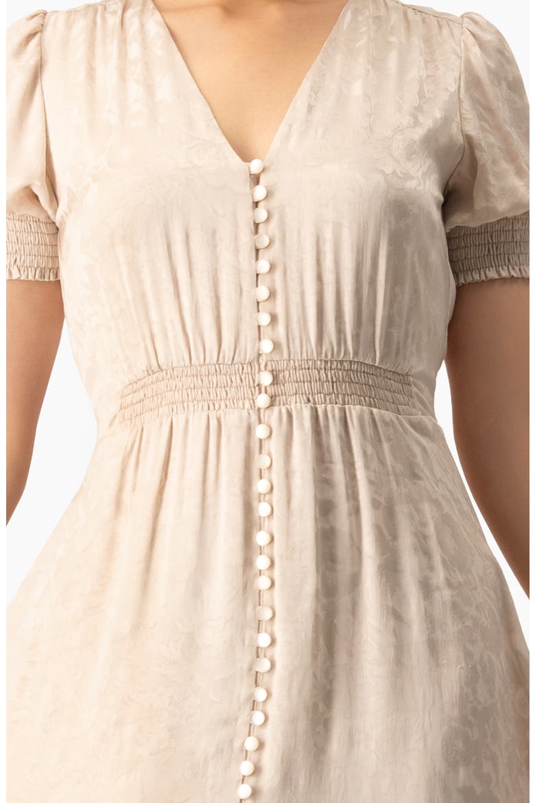 Jacquard Satin Button-Front Maxi Dress with Puff Sleeve and Smocked Waist, Alternate, color, Beige