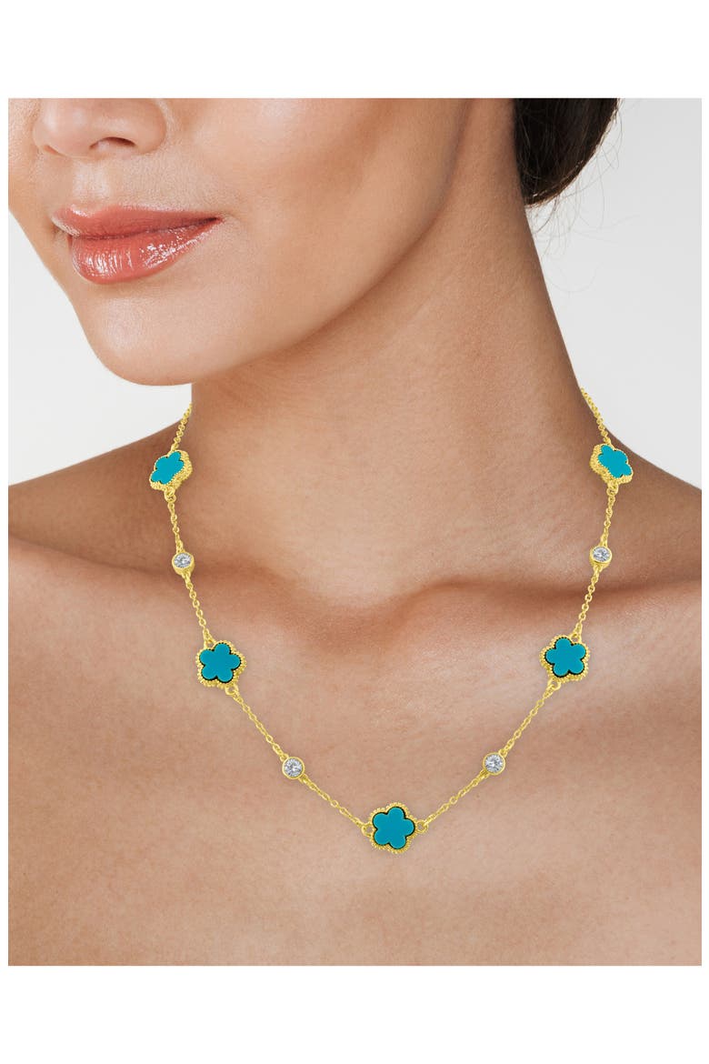 Cubic Zirconia & Clover Station Necklace, Alternate, color, TURQUOISE/ GOLD