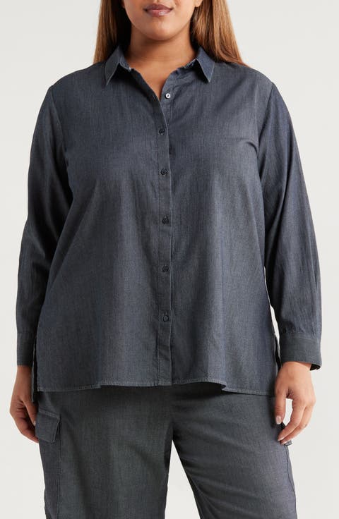 Classic Collar Easy Organic Cotton Button-Up Shirt (Plus)
