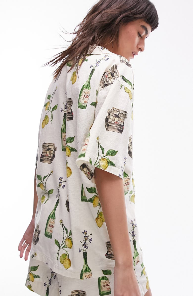 Topshop Still Life Print Linen Blend Short Sleeve Button-Up Shirt, Alternate, color,