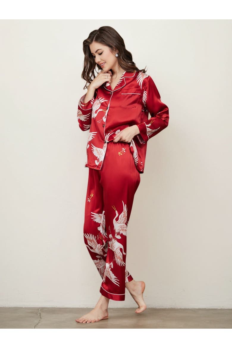19Momme Pure Silk Printed Classic Binding Trim Womens Pajama set, Main, color, DarkRed