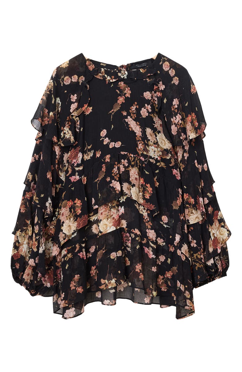 AllSaints Lissie Floral Print Ruffle Top, Alternate, color, Armada Black