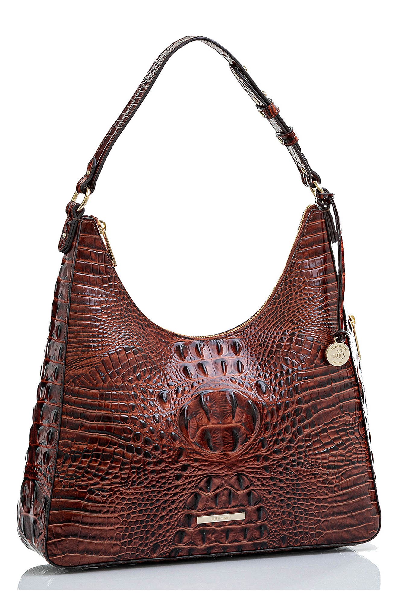 Brahmin Tabitha Croc Embossed Leather Shoulder Bag, Alternate, color, Pecan Melbourne