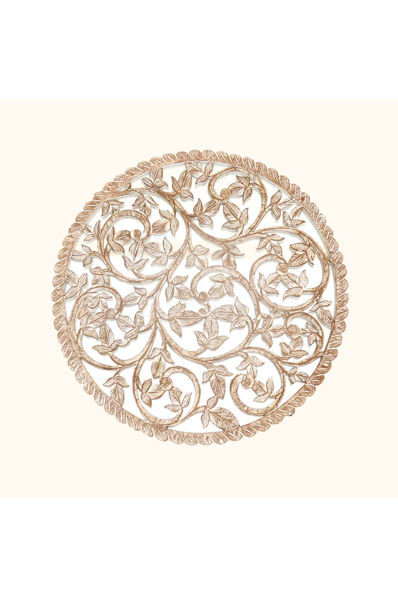 Round Wood Handcarved Wall Panel with Mirror, Alternate, color, White
