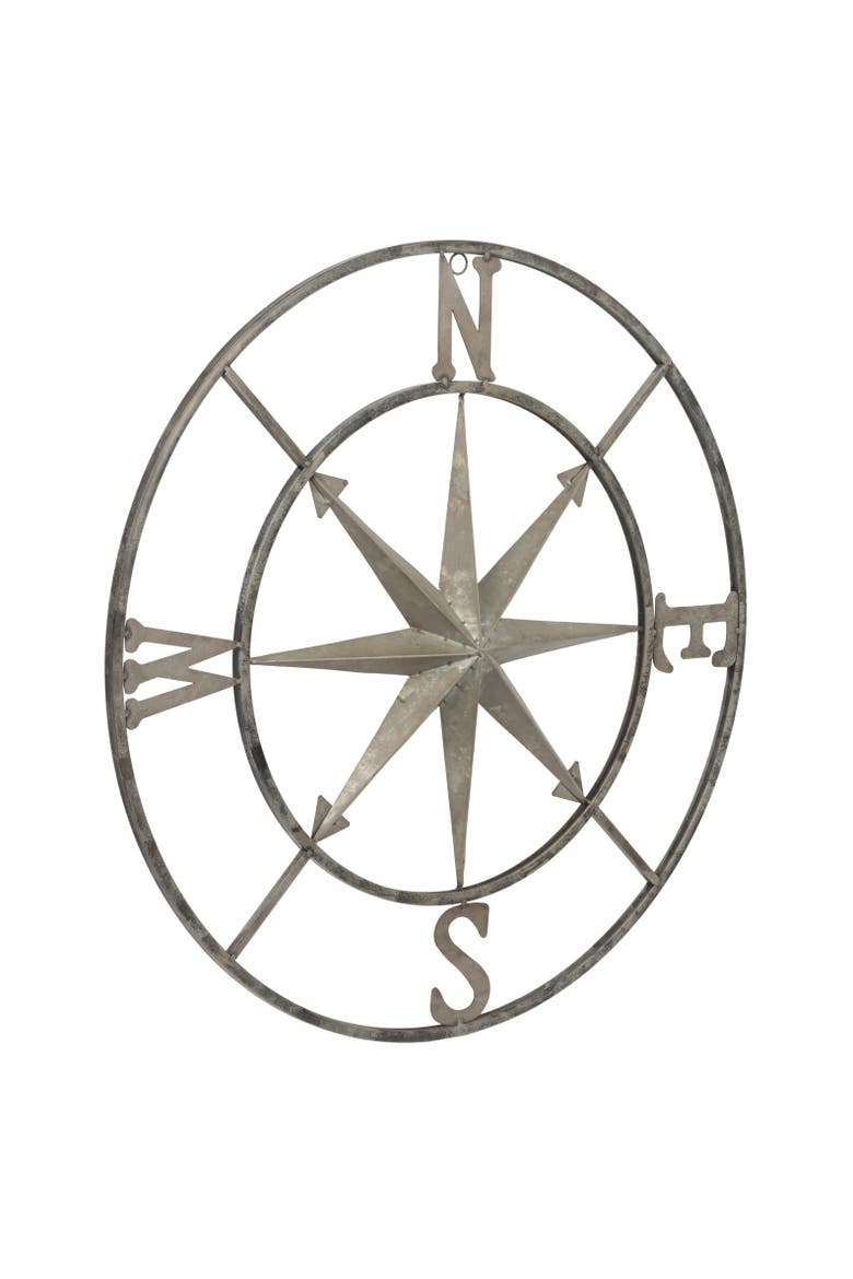 Metal Compass Wall Décor, Distressed Silver, Main, color, White
