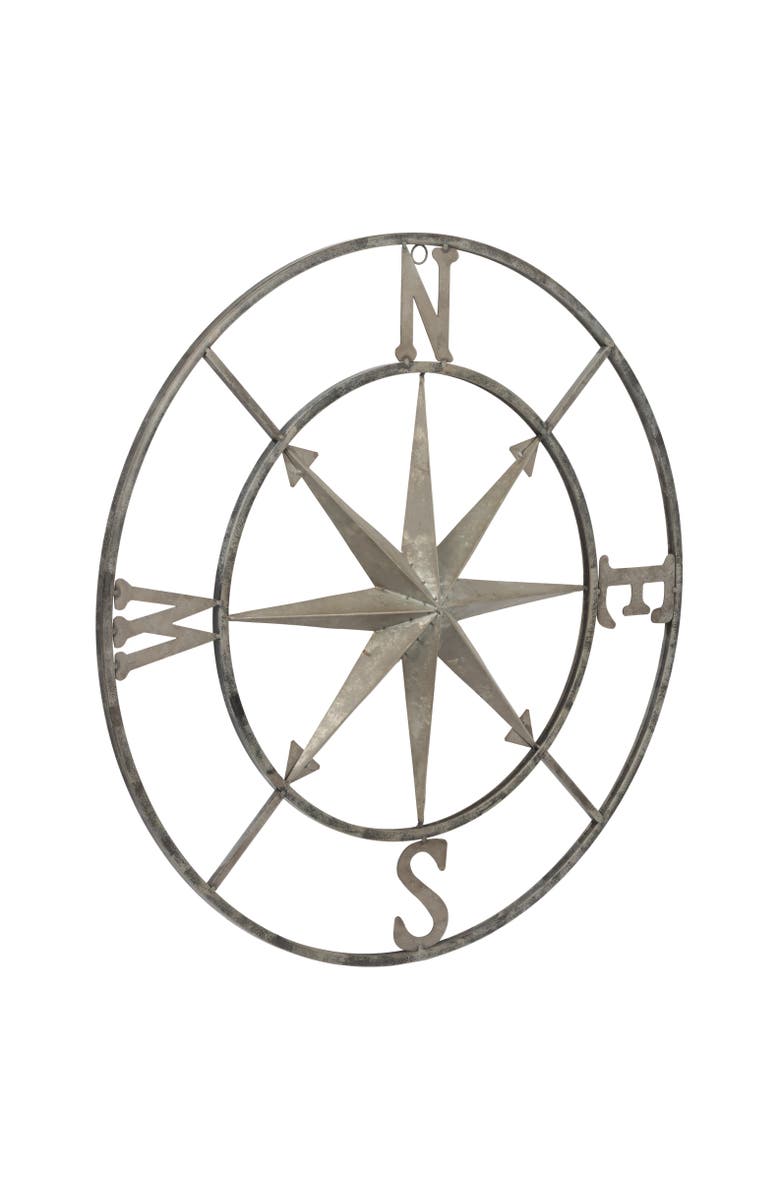 Storied Home Metal Compass Wall Décor, Distressed Silver, Main, color, White