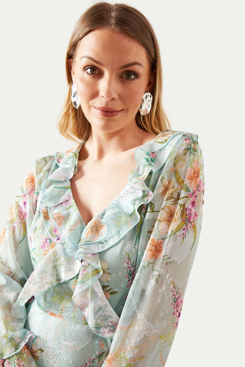 Floral Ruffle Belted Midaxi Dress, Alternate, color, Sage