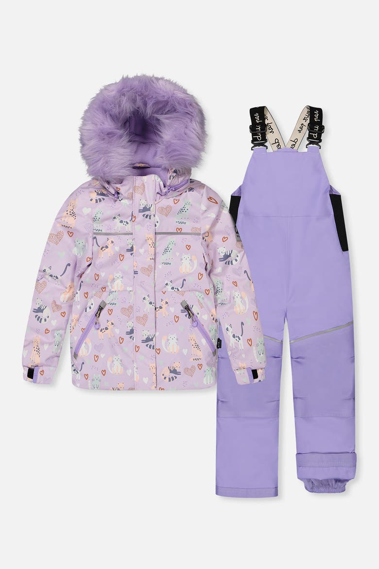 Discover Cats Faux Fur Hood Jacket & Suspender Pants Two Piece Snowsuit, Main, color, Purple Printed Cats