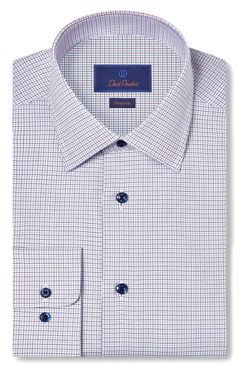 David Donahue Regular Fit Microcheck Cotton Dobby Dress Shirt, Main, color, Blue/ Berry