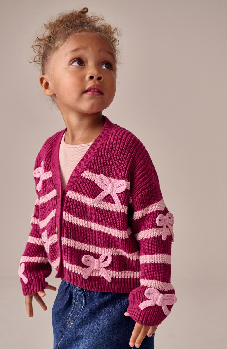 NEXT Kids' Bow Detail Stripe Cardigan, Alternate, color, Pink