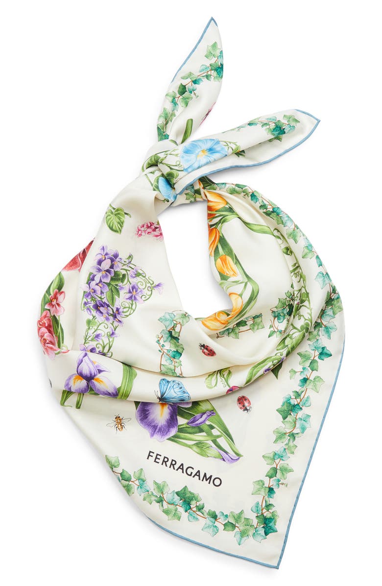FERRAGAMO Eden Print Silk Scarf, Main, color, Avorio/ Azzurro